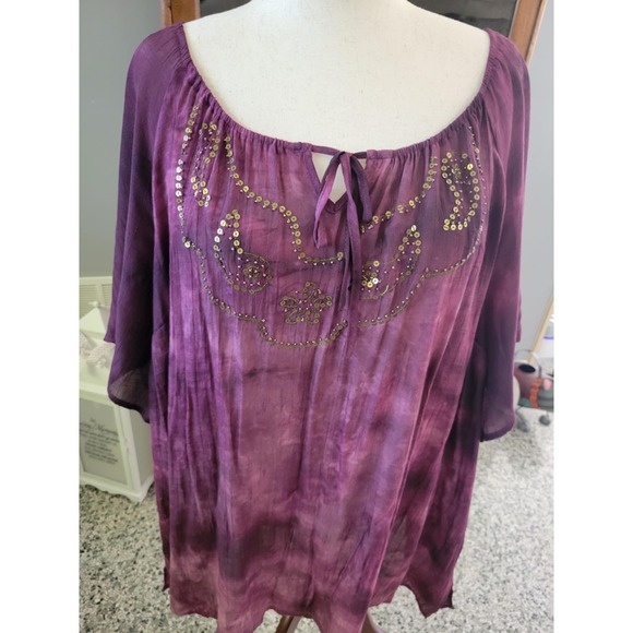 Maggie Barnes Tops - Maggie Barnes 4X Purple‎ Tie Dye Sequin Embellished Sheer Top Blouse